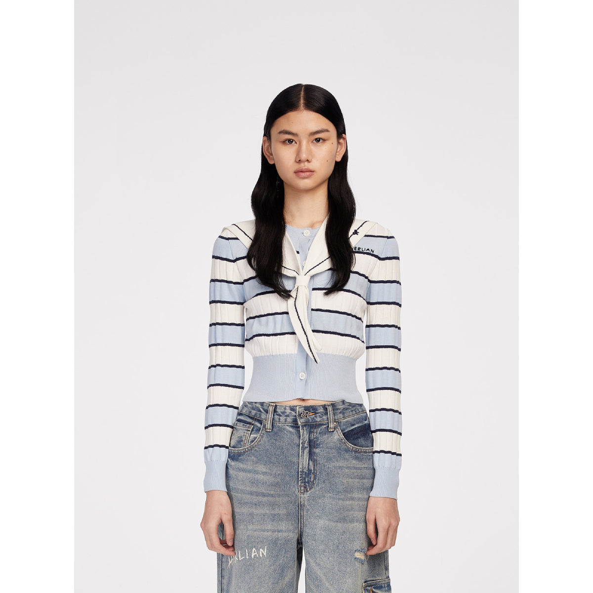 Herlian Detachable Navy Collar Striped Sweater Blue