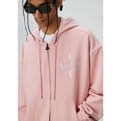 AFGK Basic Embroidery Logo Zip Up Hoodie Pink