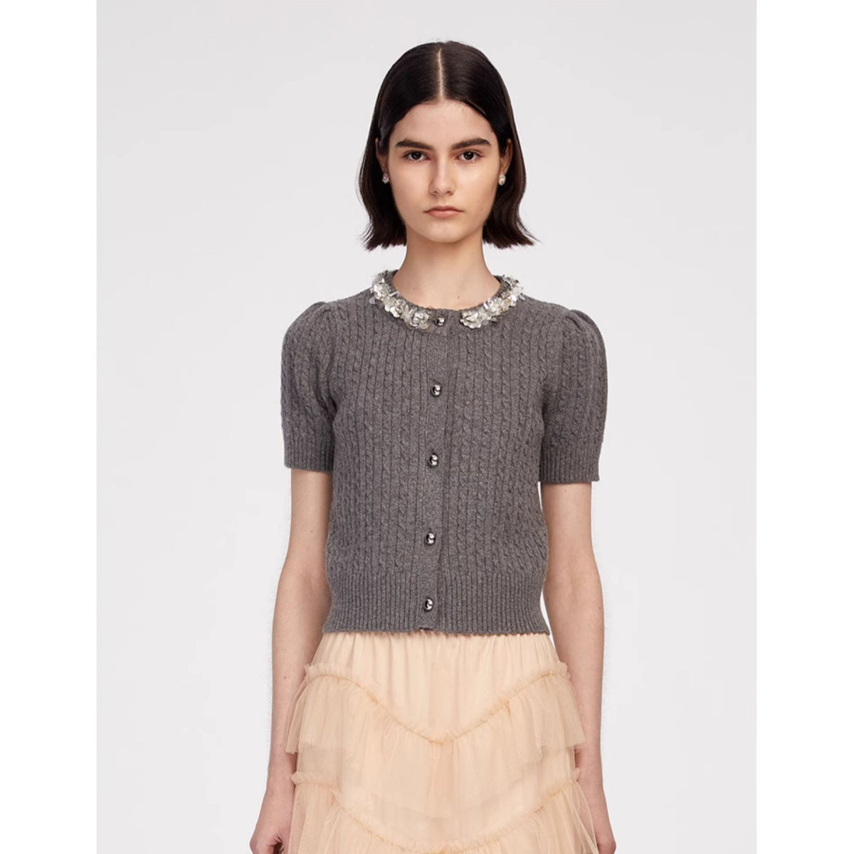 Herlian Sequined Collar Puff Sleeve Knit Sweater