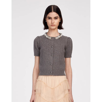 Herlian Sequined Collar Puff Sleeve Knit Sweater