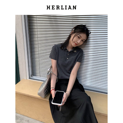 Herlian Bow Pins Knit Polo Top Grey