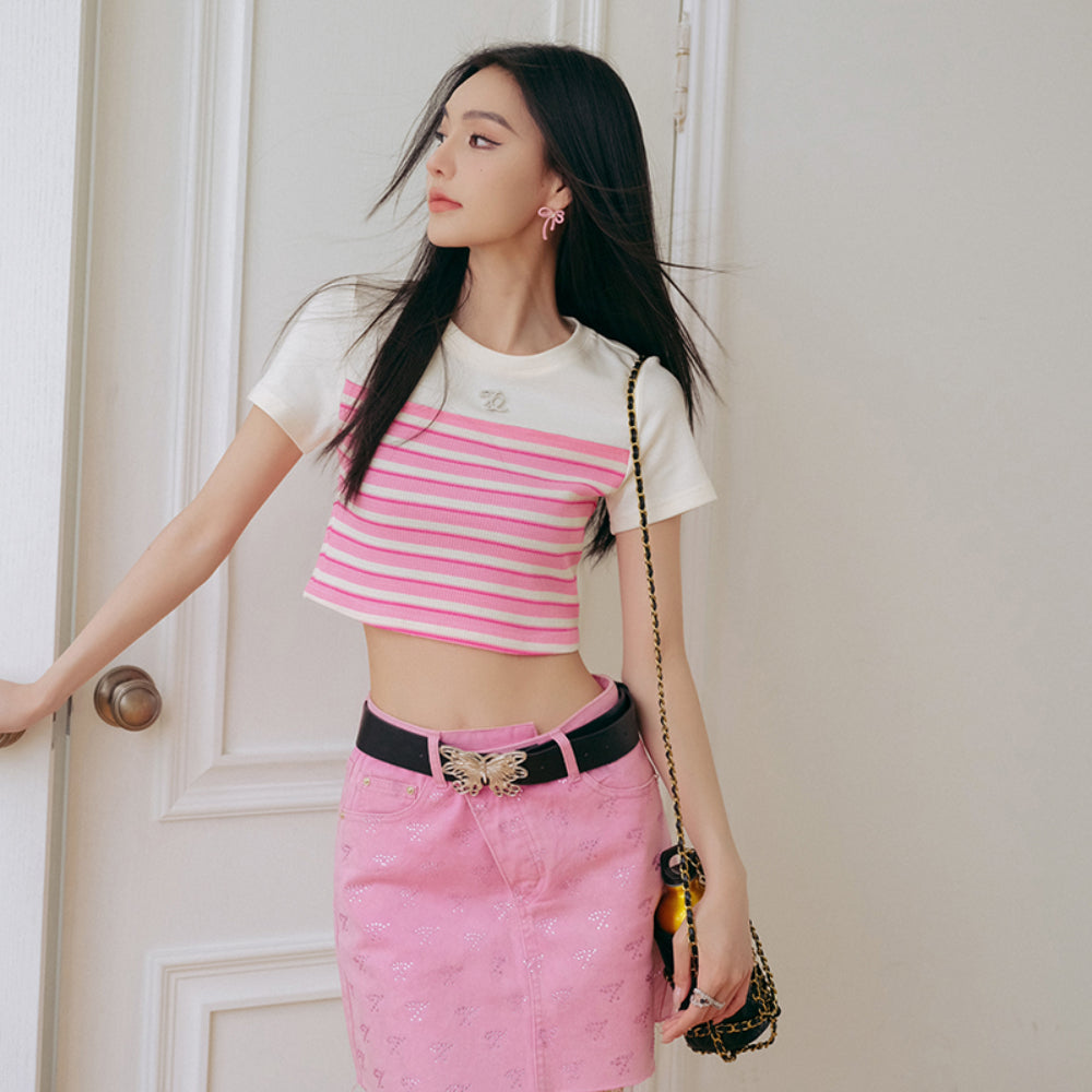 Three Quarters Striped Knit Short Top Pink