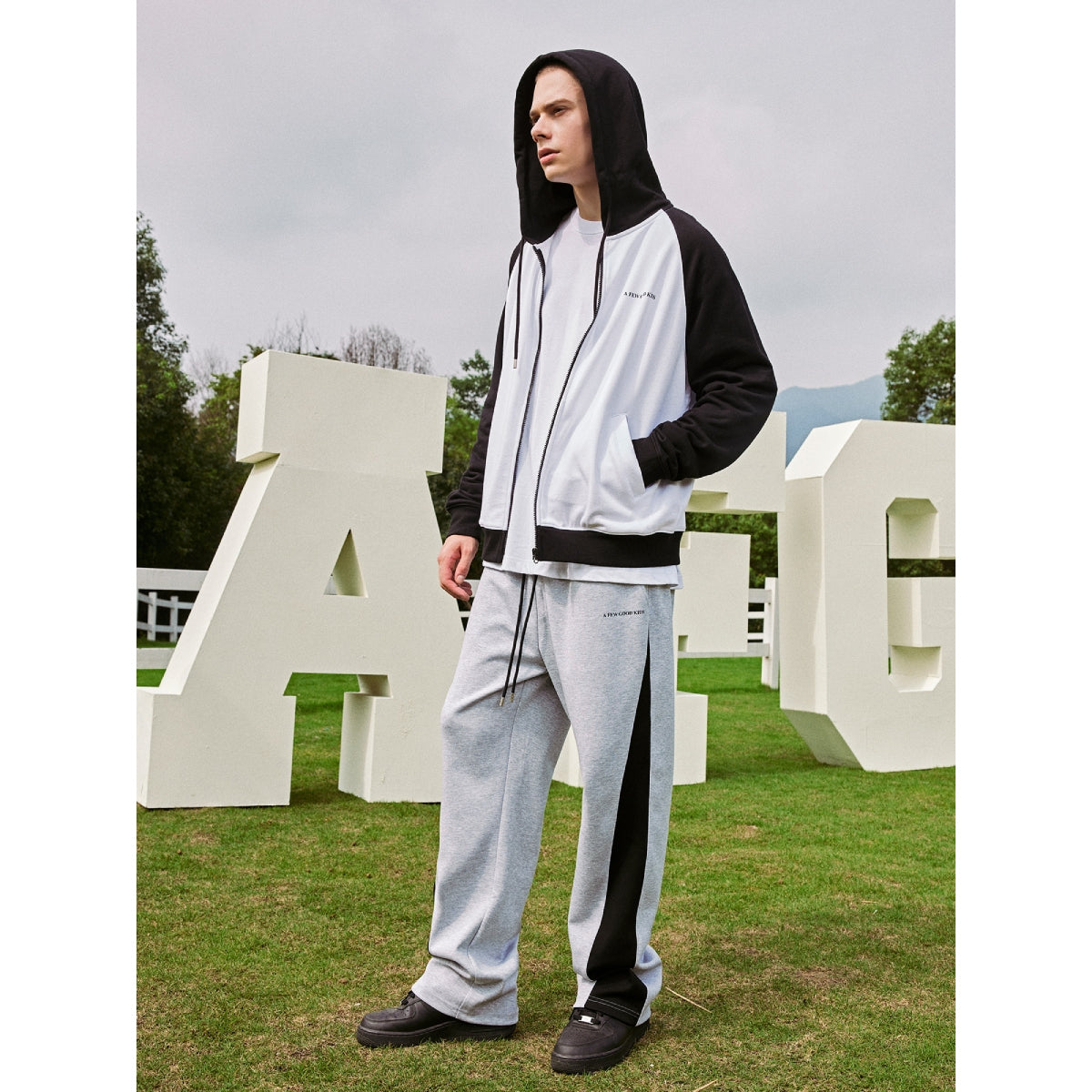 AFGK Color Blocked Raglan Zip Up Hoodie Black