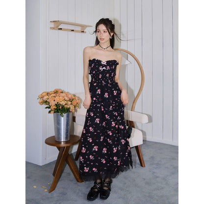 AsGony Floral Suspender Long Dress Black