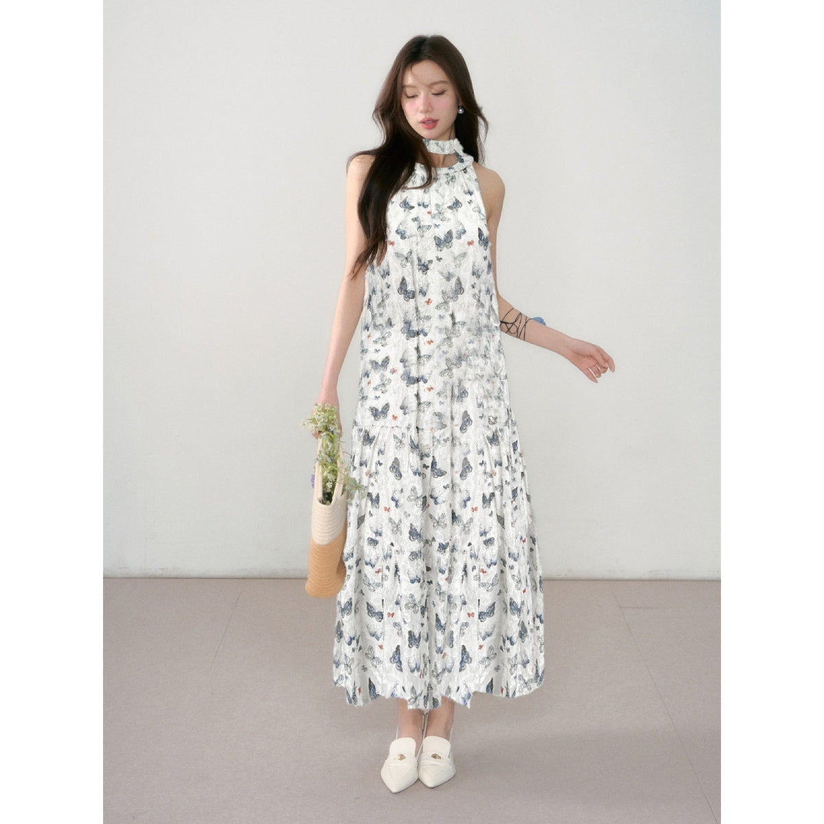 AsGony Butterfly Floral Halterneck Long Dress Cream