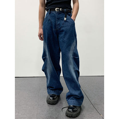 Roaringwild Knee Pleated Denim Pants Blue