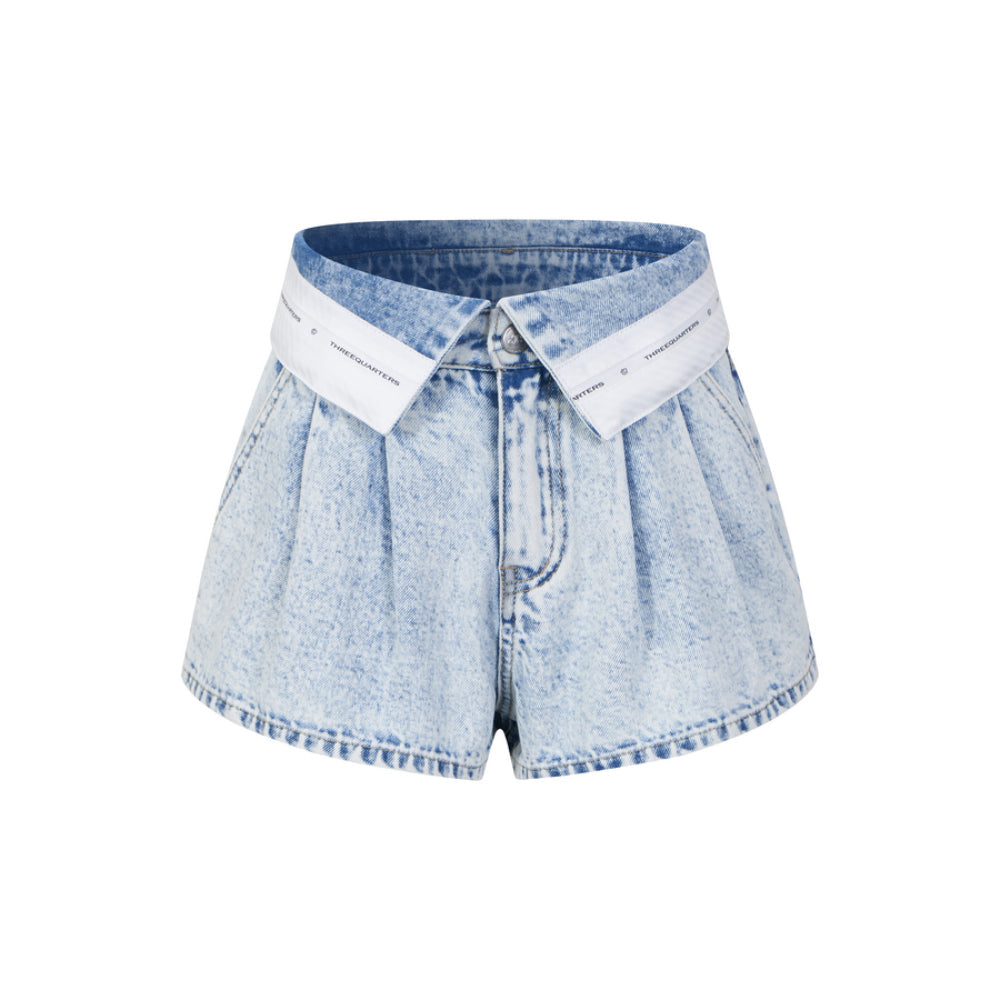 Three Quarters Flip Waist Logo Washed Denim Shorts Blue