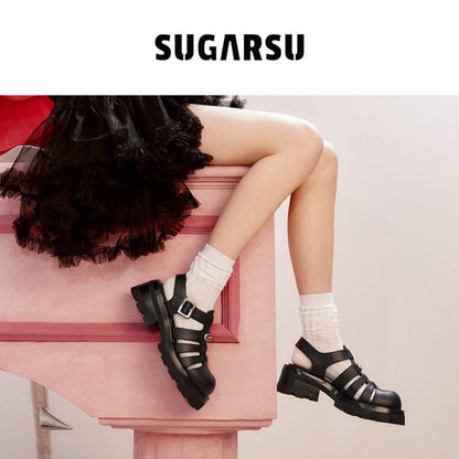 SugarSu Vintage Platform Thick-Soled Roman Sandals Black