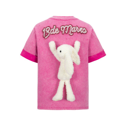 13De Marzo Plush Rabbit Sequins Logo T-Shirt Washed Pink