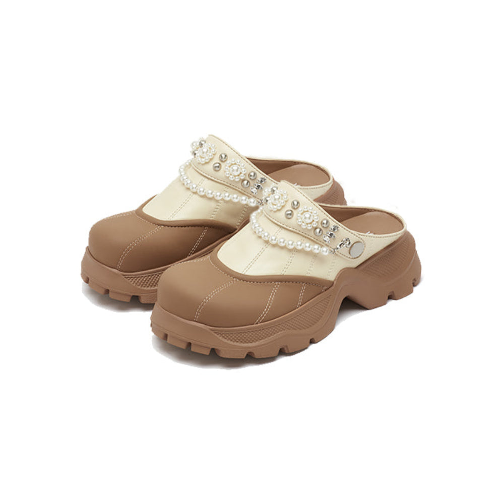 SugarSu Pearl Chain Decorated Tip-Tilt Clog Mules Khaki