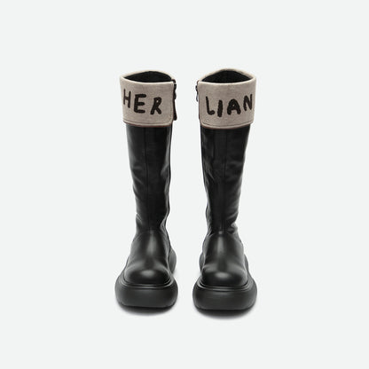 Herlian Flip Logo Leather Heel Boots Black