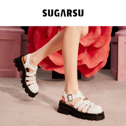 SugarSu Vintage Platform Thick-Soled Roman Sandals White