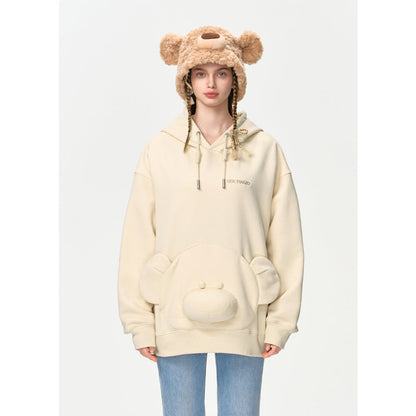 13De Marzo Bear Embossment Pocket Hoodie Beige