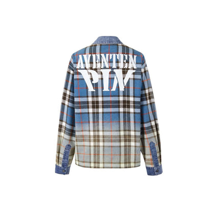 Aventen Pin Color Blocked Plaid Denim Shirt Blue