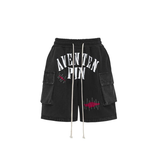 Aventen Pin Denim Patch Sweat Shorts Black