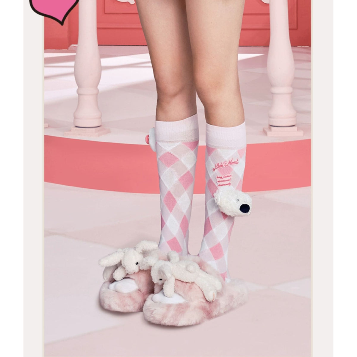 13De Marzo X Hello Kitty Bear Plaid Stocking Pink