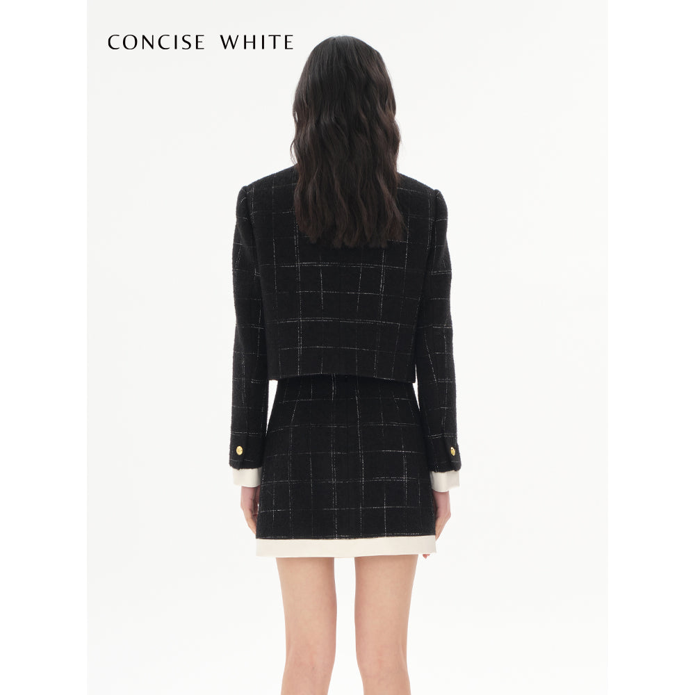 Concise-White Plaid Patchwork Woolen Tweed Coat Black