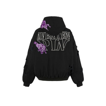 Aventen Pin Destroyed Paisley Zip Up Jacket Black