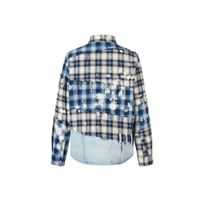 Aventen Pin Denim Bottom Plaid Shirt Blue