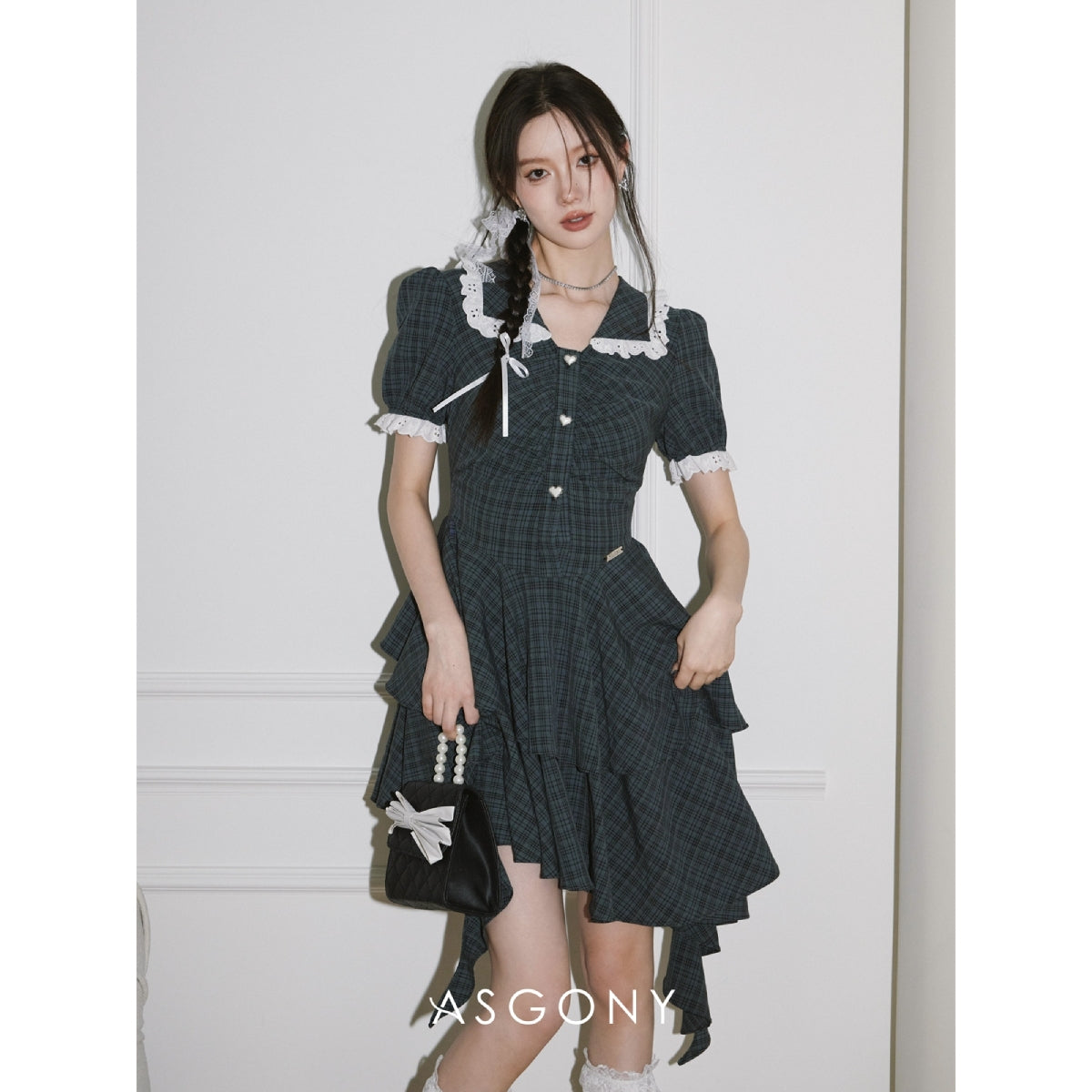 AsGony French Tail Plaid Irregular Dress