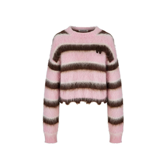 Herlian Raw Edge Striped Mohair Knit Sweater Pink