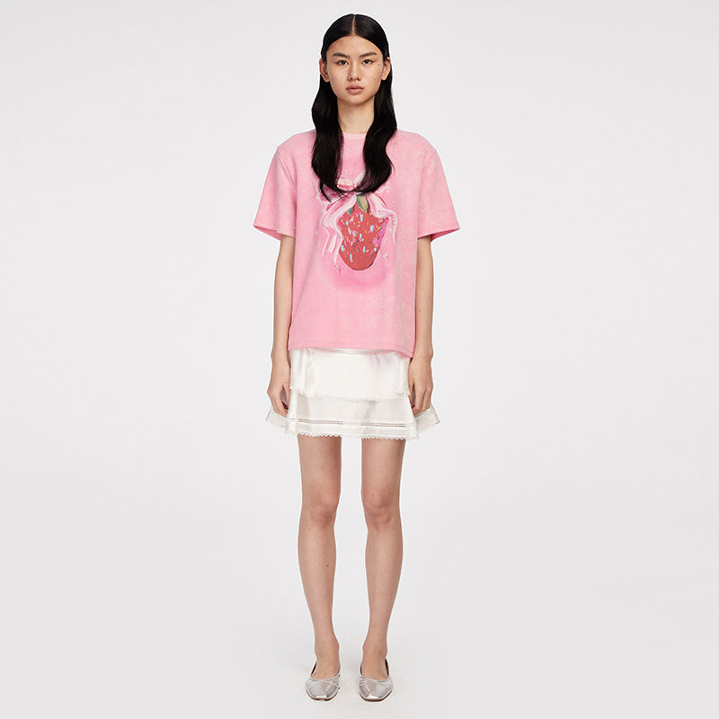 Herlian Strawberry Bow Printed Studded T-Shirt Pink