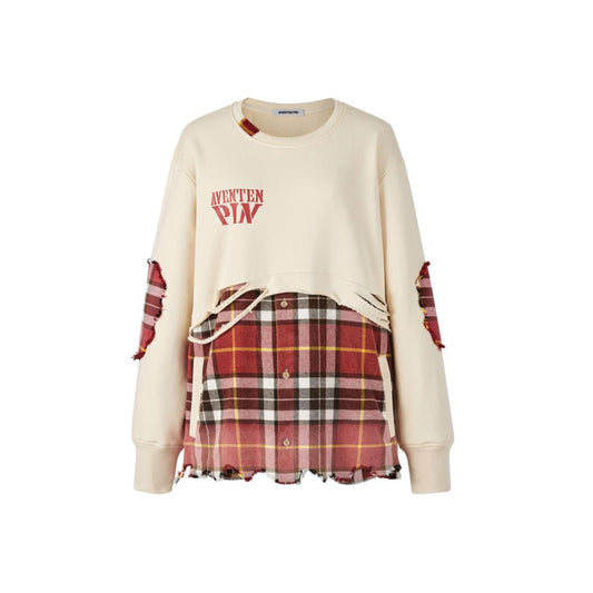 Aventen Pin Patchwork Plaid Broken Sweater White