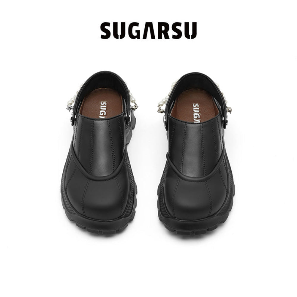 SugarSu Pearl Chain Decorated Tip-Tilt Clog Mules Black