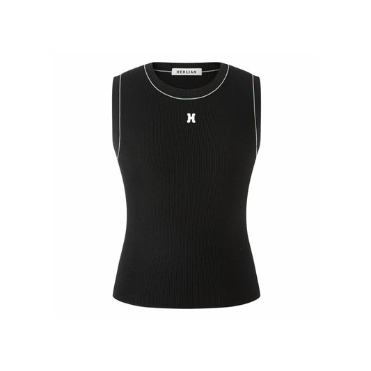 Herlian Embroidery Logo Knit Vest Top Black