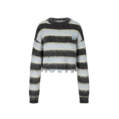 Herlian Raw Edge Striped Mohair Knit Sweater Grey