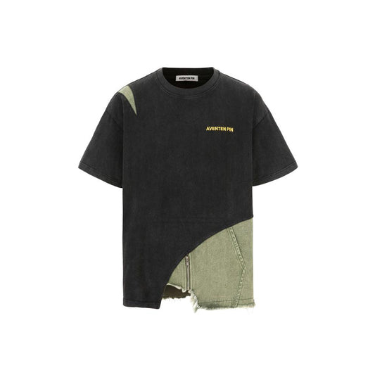 Aventen Pin Denim Bottom Patchwork Tee Black