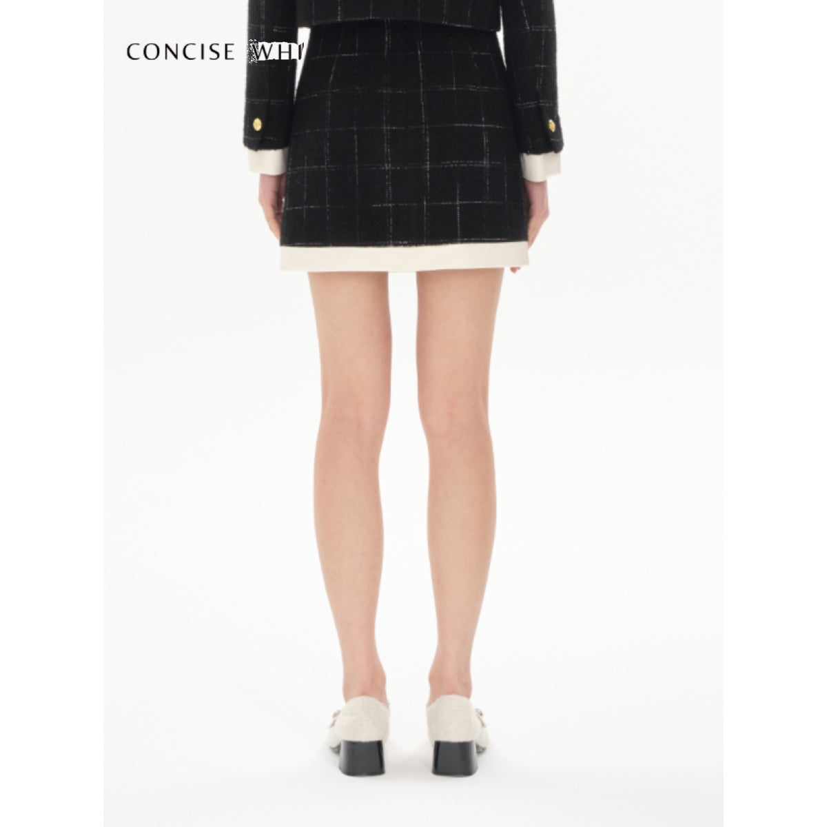 Concise-White Plaid Patchwork Woolen Tweed Skirt Black