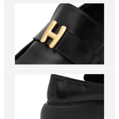 Herlian Logo Buckle Thick Sole Leather Loafer Black