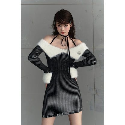 AGAM Off-Shoulder Fur Trim Knit Dress Black