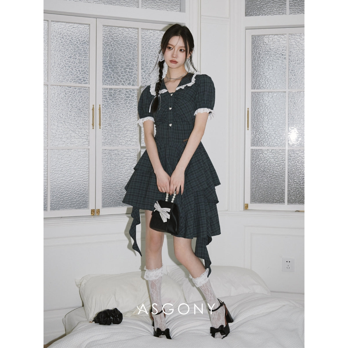 AsGony French Tail Plaid Irregular Dress