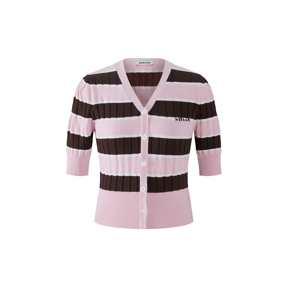 Herlian Striped Contrast Short Sleeve Knit Top Pink