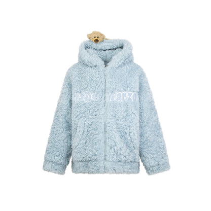 13De Marzo Plush Bear Fuzzy Hooded Coat Blue