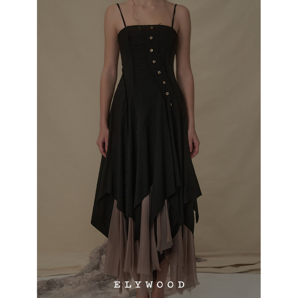 Elywood Black Slant Split Camisole Dress