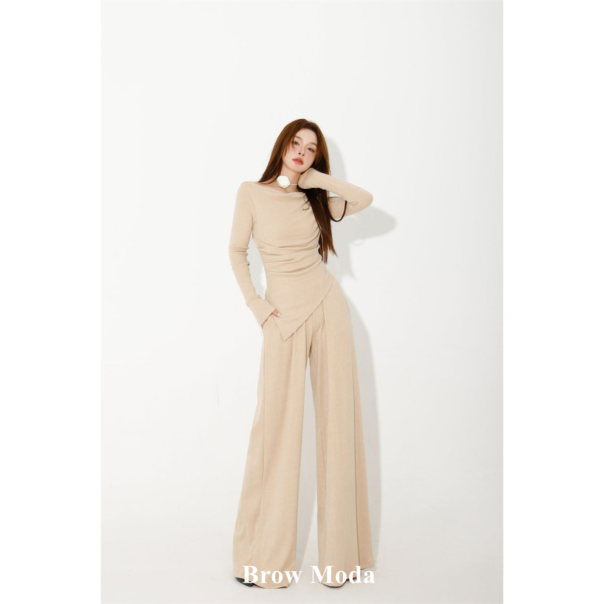 Brow Moda Pleated Irregular Top And Wide-leg Pants Set Khaki