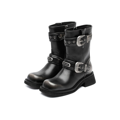 SugarSu Double Metal Buckle Leather Boots Black