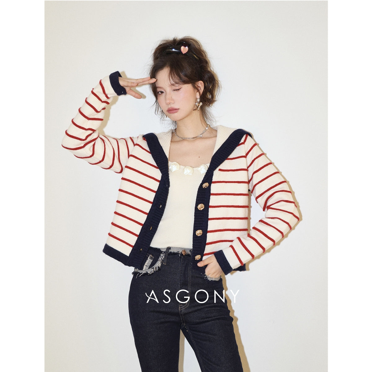 AsGony Sailor Collar Striped Knitted Cardigan Red