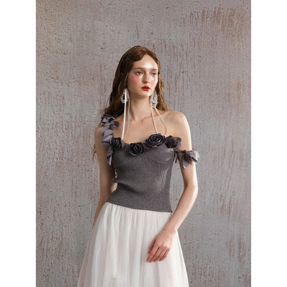 Arte Pura One Shoulder Knitted Floral Top Grey