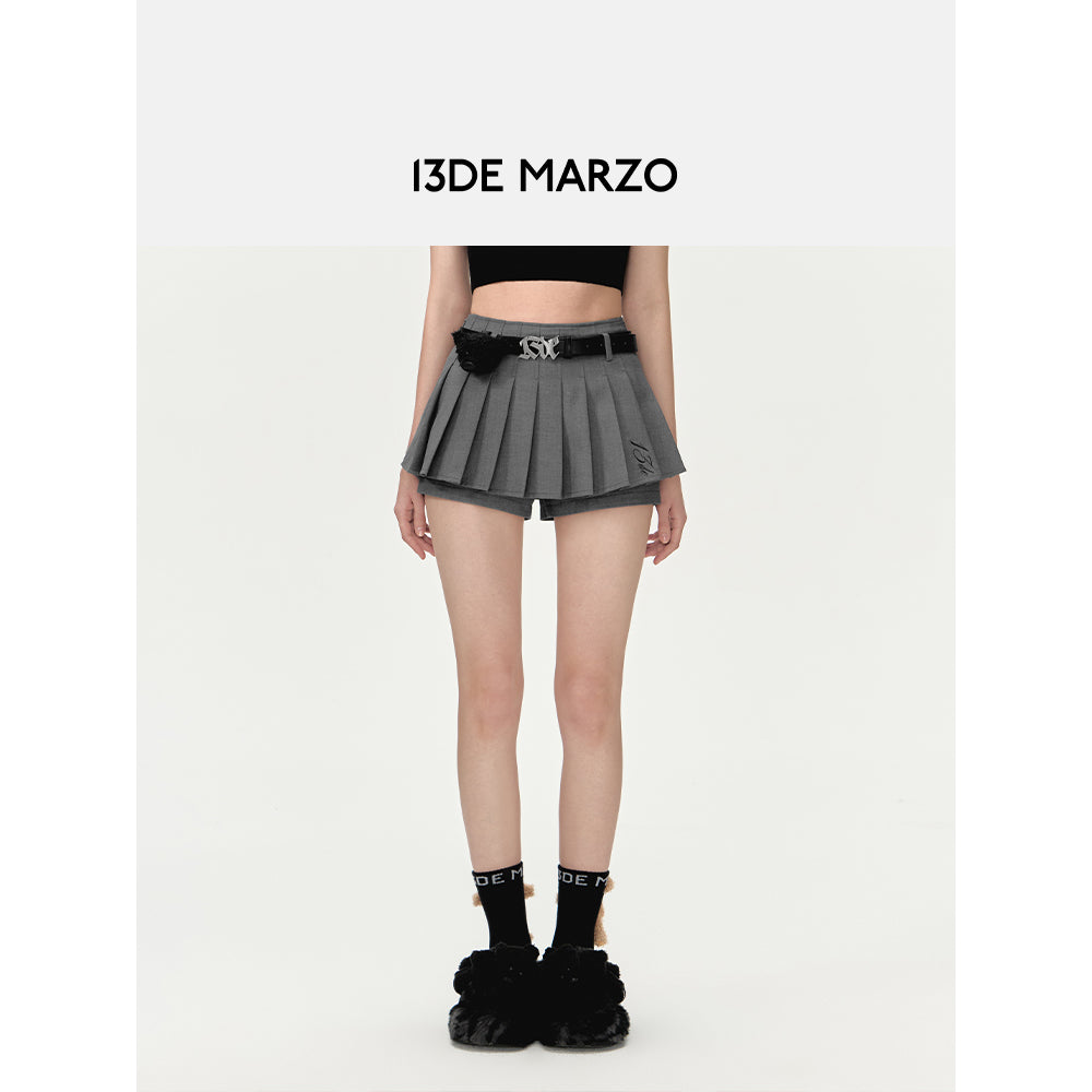 13De Marzo High Waist Belt Pleated Skirt Shorts Grey