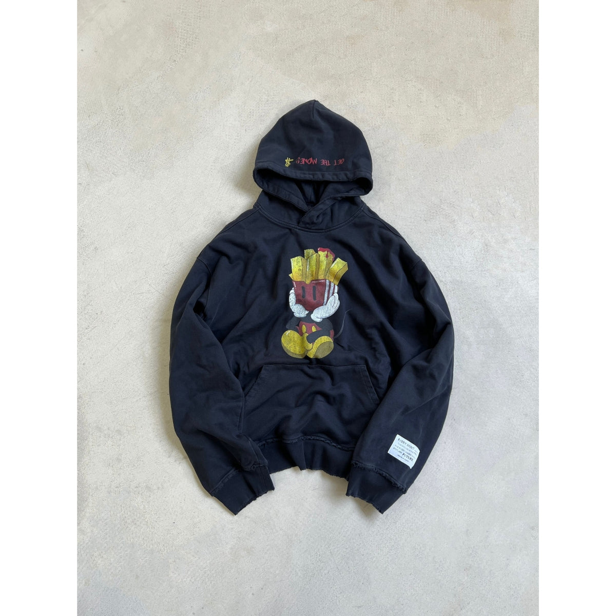 Purey Distressed  Fries Micky Printed Hoodie Washed Black