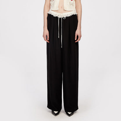 Herlian Lace-Trimmed Waistband Wide-Leg Pants Black