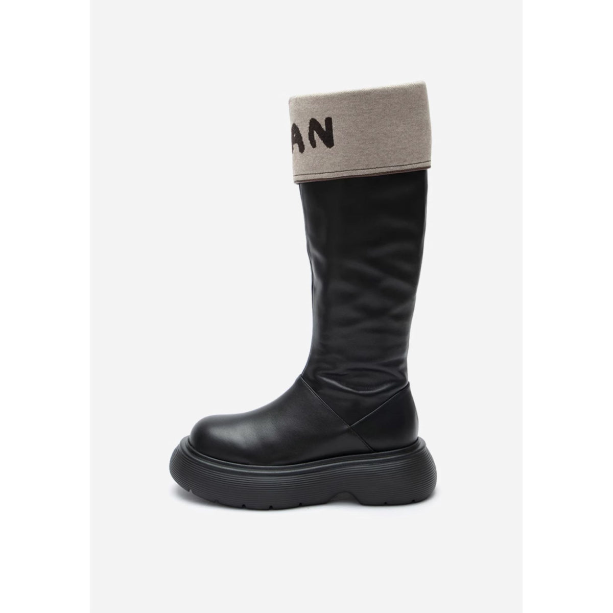 Herlian Flip Logo Leather Heel Boots Black