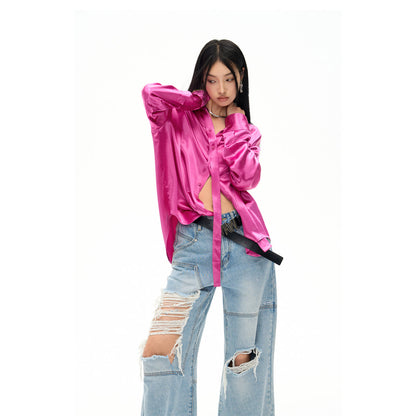 NotAwear Logo Embroidery Oversize Ripple Satin Shirt Rose Red