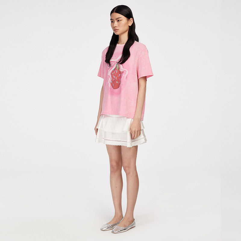 Herlian Strawberry Bow Printed Studded T-Shirt Pink