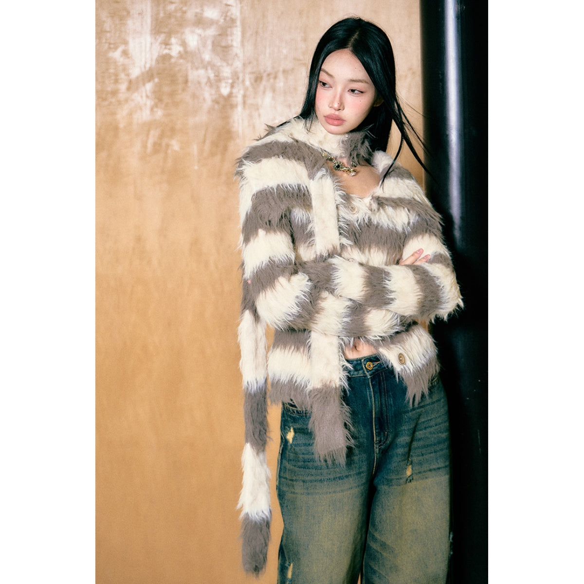 AGAM Striped Fuzzy Fur Cardigan Khaki