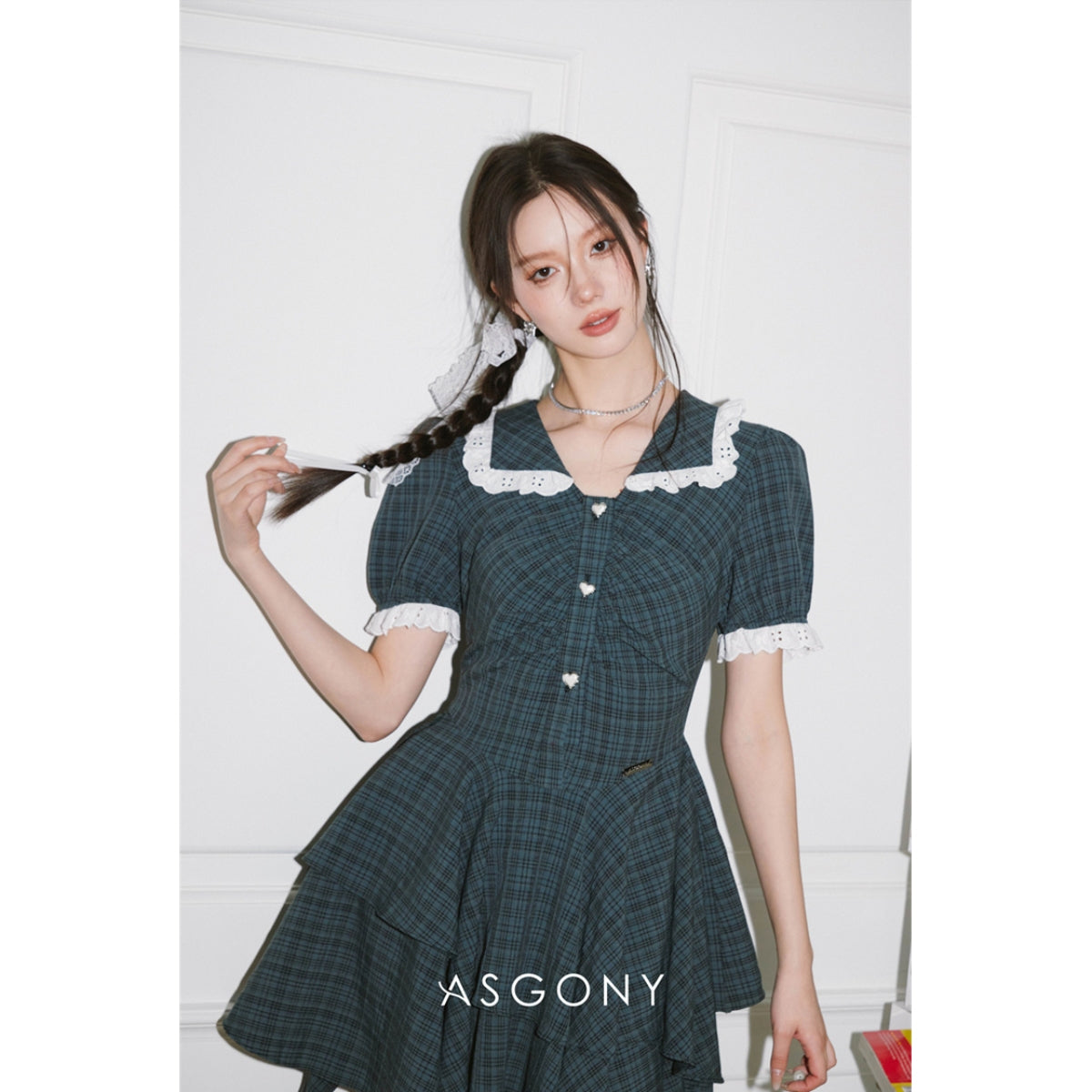 AsGony French Tail Plaid Irregular Dress